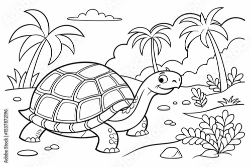 coloring page for kids, a large tortoise and a friendly snake in a simple reptile house setting, thick outlines, black and white