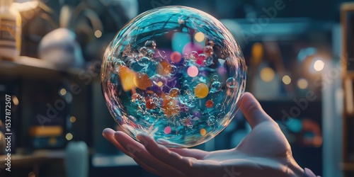 A person holding a bubble filled with floating ideas, representing brainstorming and concept refinement.