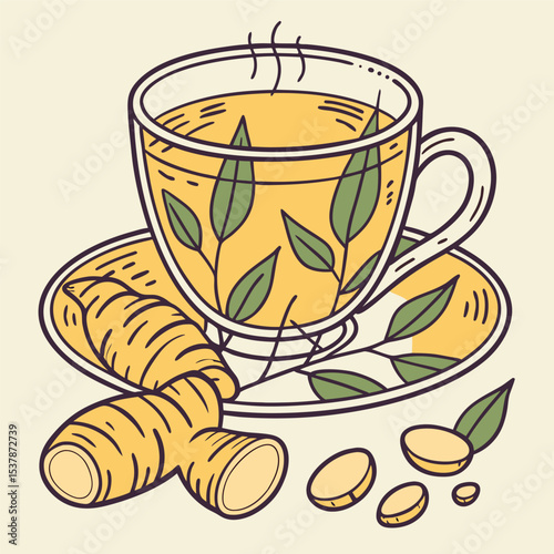 Clear teacup filled with tea displays leaves, alongside ginger, and sliced ginger pieces