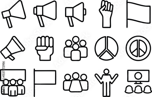 Outline protest rally icon set isolated on transparent background