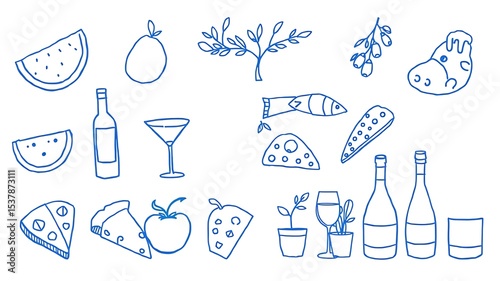 Hand drawn doodle food elements including drinks fruits cheese and decorative sprigs illustration