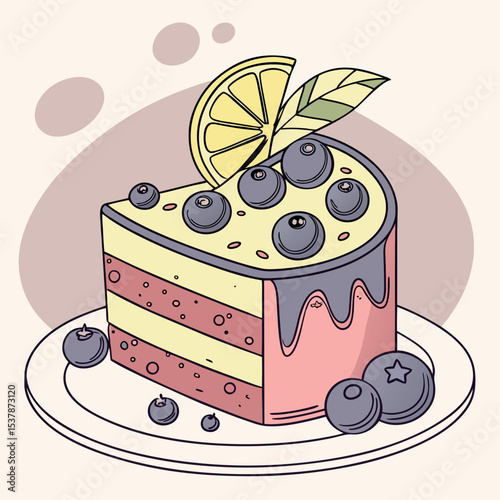 Colorful cake slice topped with blueberries and a lemon slice sits beautifully