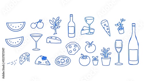 Hand drawn food and drink icons in blue perfect for menus and culinary designs