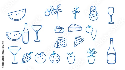 Hand drawn food and drink illustrations in blue with wine cocktails and fruits