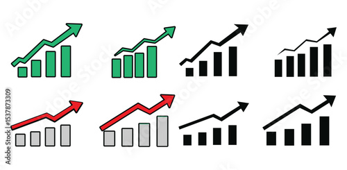 Graph going Up and Down sign with green and red arrows vector. Flat design vector illustration concept of sales bar chart symbol icon with arrow moving down and sales bar chart with arrow moving up.
