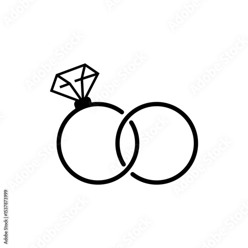 A minimalist line art icon of two intertwined rings. One is a diamond engagement ring and the other is a simple wedding band, symbolizing love and marriage.
