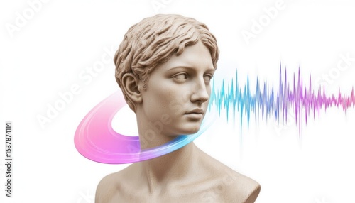 Sculpture with sound wave illustration and colorful swirl effects.