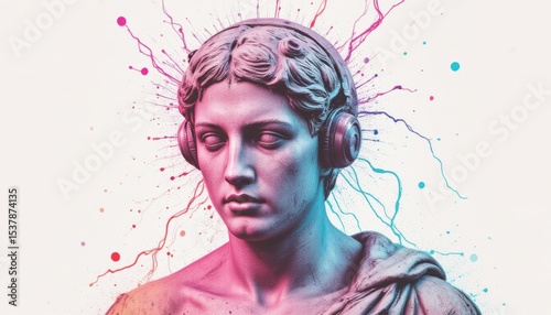 Digital art of a classical figure with headphones and colorful effects.