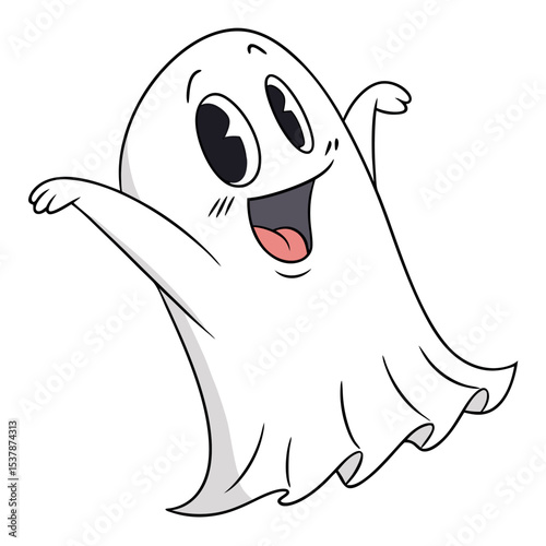 Jolly cartoon ghost waves happily, its cheerful expression brightening the transparent background