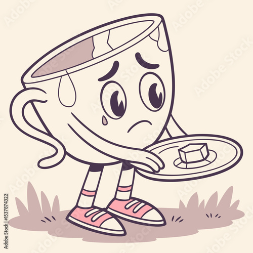 Sad broken cup character holding sugar cube