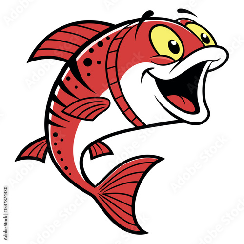 Joyful cartoon salmon with bright yellow eyes smiles widely on a transparent background