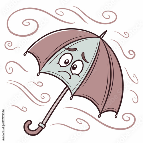 Sad cartoon umbrella blown away by strong wind