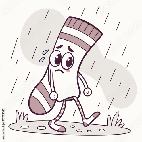 Sad sock walking in the rain cute cartoon illustration