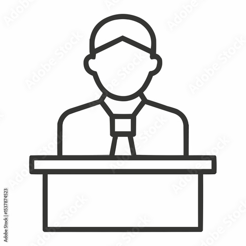 Lecturer behind the podium thin line icon, business presentation concept, Speaker in uniform makes report sign on white background, spokesman behind stand icon in outline style. Vector graphics.
