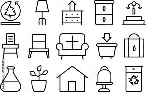 Recycled furniture and decor outline icons set isolated on transparent background