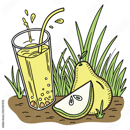 Refreshing pear juice splashes from glass, accompanied by fruit slices in grassy setting with transparent background