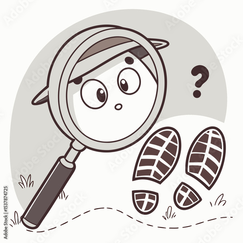 Curious cartoon animal detective investigating footprints with magnifying glass