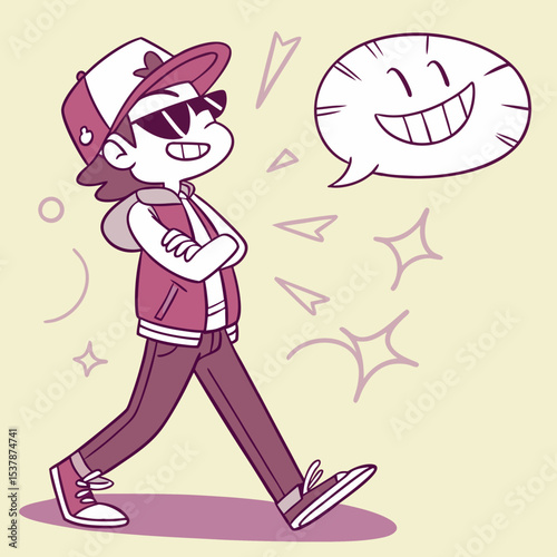 Cool cartoon boy walking happy positive vibes