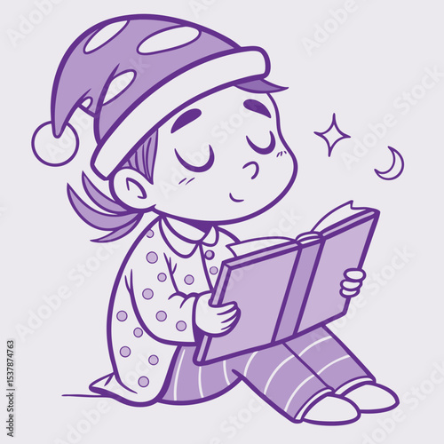 Cute child in pajamas reading a book before bedtime