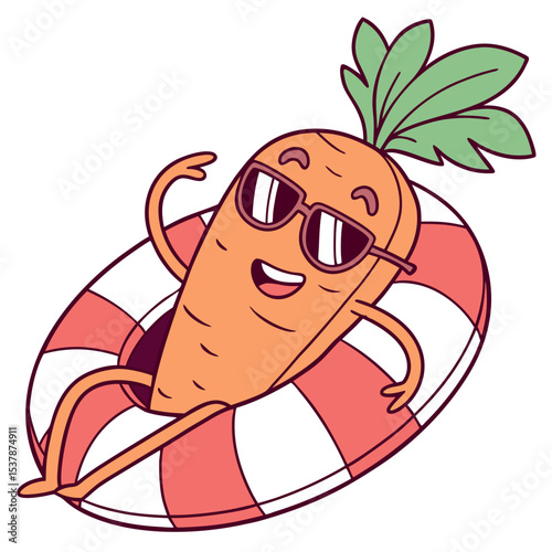 Smiling cartoon carrot with sunglasses relaxes on a striped float, transparent background