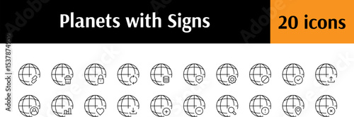 Plus, Heart, Loupe etc by Planet Line Icon Bundle.    Outline Signs for Graphic and Web Design, Apps, Adverts, Various Cards