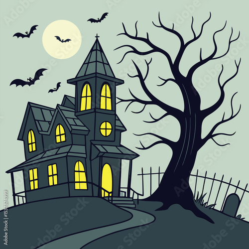 Spooky haunted house stands eerie on a hill with bats flying around in the moonlight