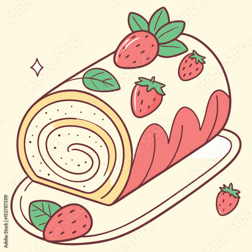 Strawberry Swiss roll cake on a plate features creamy filling and berry decorations