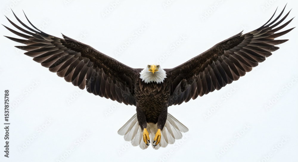 Naklejka premium Majestic Bald Eagle in Flight Wings Spread Wide Against a White Background