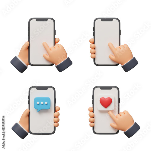 3d cartoon hands holding smartphones isolated on transparent background
