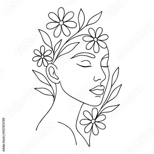 English: A minimalist line art illustration of a woman's face surrounded by blooming flowers and leaves. The artwork captures feminine beauty and nature in a graceful, abstract form.

