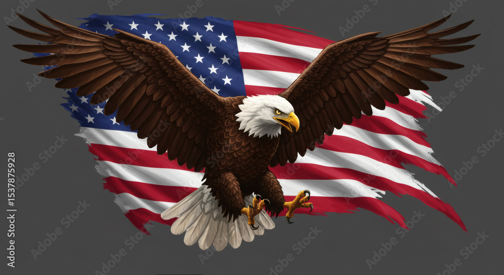 Naklejka premium American Bald Eagle Soaring Through Ripped American Flag