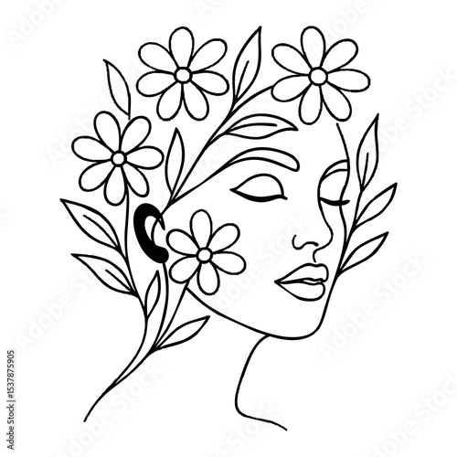English: A minimalist line art illustration of a woman's face surrounded by blooming flowers and leaves. The artwork captures feminine beauty and nature in a graceful, abstract form.

