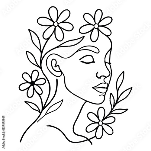 English: A minimalist line art illustration of a woman's face surrounded by blooming flowers and leaves. The artwork captures feminine beauty and nature in a graceful, abstract form.

