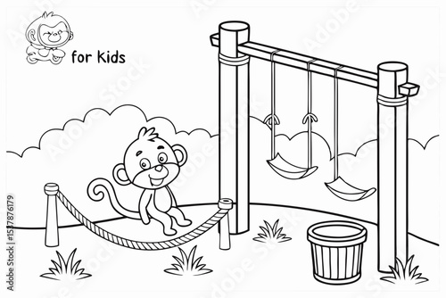 coloring page for kids, a monkey enclosure at the zoo with swings, ropes, and a playful monkey climbing, simple background, thick outlines, black and white