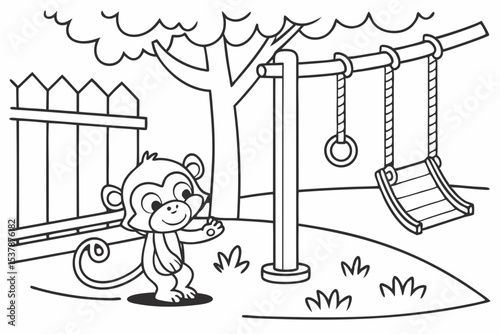 coloring page for kids, a monkey enclosure at the zoo with swings, ropes, and a playful monkey climbing, simple background, thick outlines, black and white