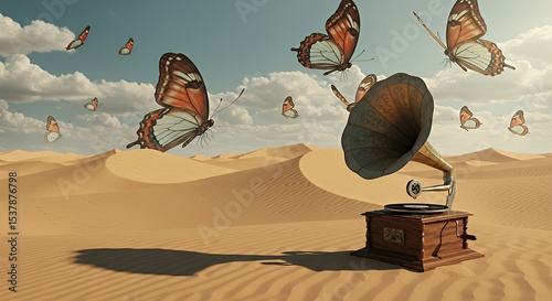 Gramophone with Butterflies in Desert
