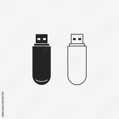 Set of 4 modern USB flash drive icons in black and white. Includes solid, outline, and detailed styles. Perfect for tech, UI, apps, and minimalist designs. Isolated on white background.
