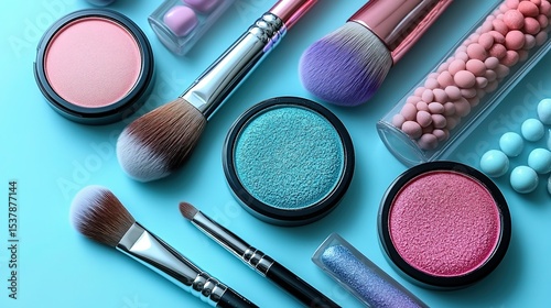 Fashionable makeup tools and products with rich colors arranged on light blue background, showing delicate beauty product combination scene