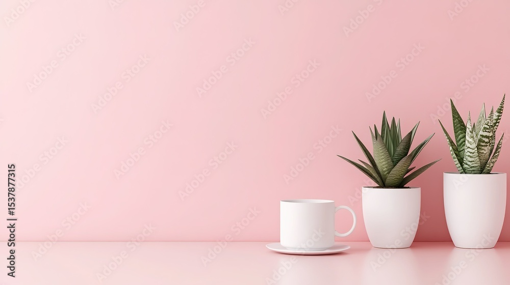 Fototapeta premium Minimalist white cup and green succulents in white pots on pink background, creating fresh and serene home decor scene