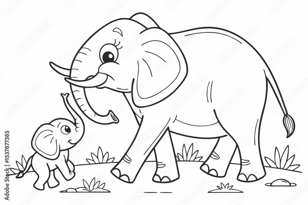 Fototapeta premium coloring page for kids, a mother elephant walking with her small baby, their trunks are touching, lovely scene, thick outlines, black and white