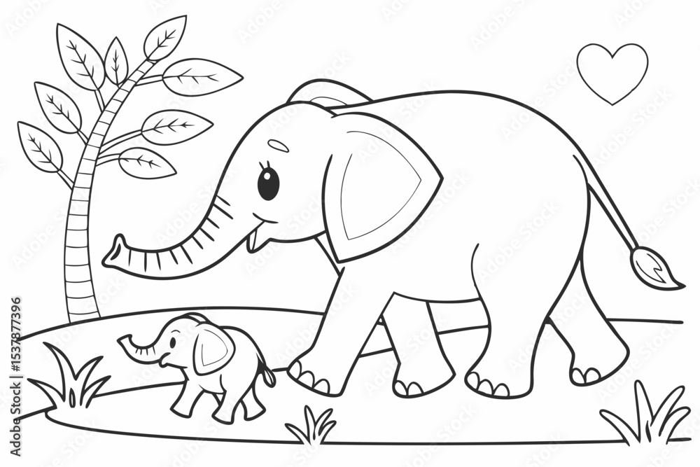 Fototapeta premium coloring page for kids, a mother elephant walking with her small baby, their trunks are touching, lovely scene, thick outlines, black and white
