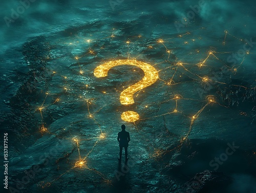 Uncertainty in Crypto, captured in a cinematic mood and lighting photograph, a solitary figure stands before a vast, complex network of interconnected glowing nodes Digital Currency Dilemma 