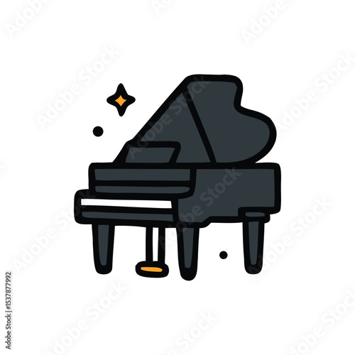 Simple, outlined illustration of a grand piano, with a touch of sparkle.