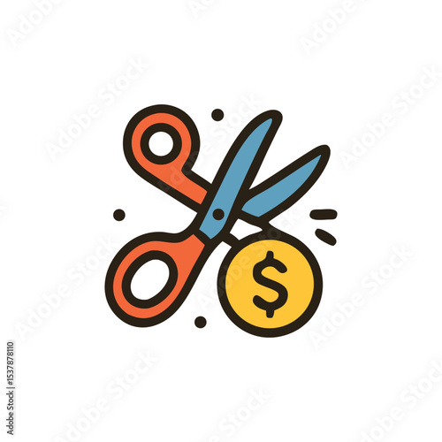Scissors cutting a coin with a dollar sign, symbolizing cost reduction or savings.