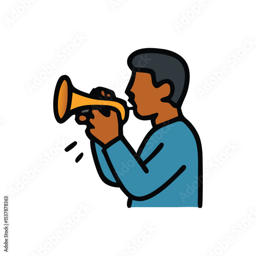 A young man plays a golden trumpet, producing musical notes.