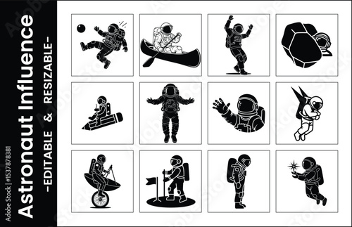 Astronaut Silhouette Set Featuring Space Exploration Activities And Adventures In Monochromatic Vector Illustrations