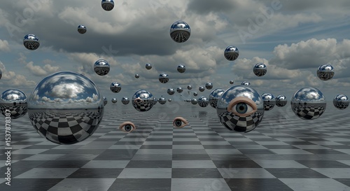 Sphere with Eye and Checkered Floor Abstract Surreal