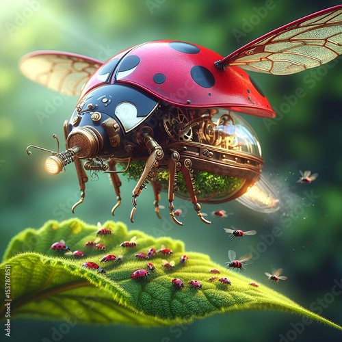 A tiny steampunk ladybug robot gardener patrolling the garden and fighting off pests with clever mechanical tools. Its brass and copper body gleams in the sunlight as it protects the plants with preci