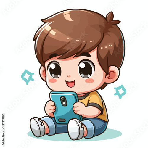 Cute boy cartoon vector playing smartphone