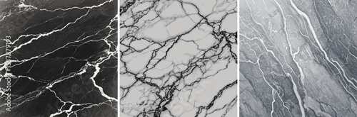 Three slabs of marble tone black, white and gray pattern natural displays irregular, flowing lines and veining vector background.